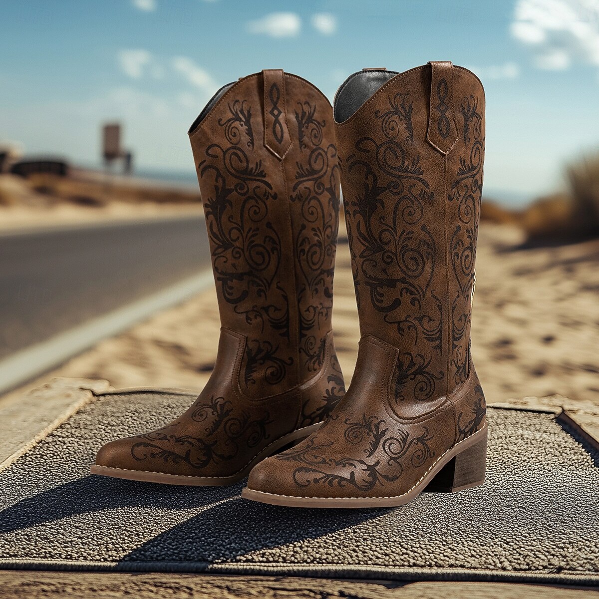 Γυναικείες καφέ δερμάτινες καουμπόικες μπότες western με περίτεχνα φλοράλ ανάγλυφα σχέδια και ψηλοτάκουνα, κομψά αστικά υποδήματα 2026 - $54.99 –P8