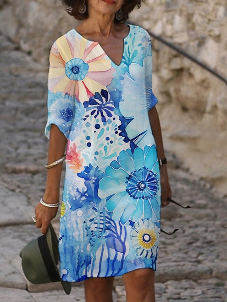 Femmes Robe Midi Robe Décontractée Robe Imprimée Mode Moderne Quotidien Plage Week-end Coupe régulière Fleuri Manche 3/4 Col ras du cou Rouge Bleu Violet Fuchsia Été Printemps Automne de 2025 ? $21.99 –P1