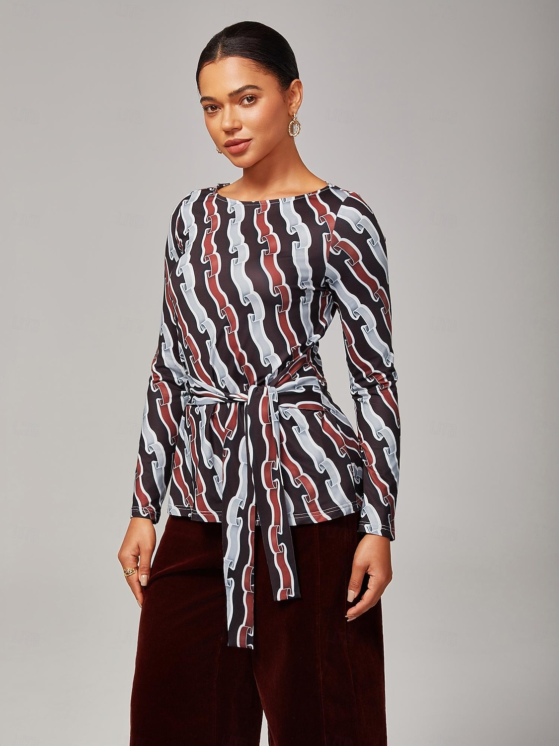 Conjunto feminino com estampa ondulada, ombro de fora, elástico alto, ajuste inclusivo, conjunto casual elegante da moda de 2025 por $111.99 –P1