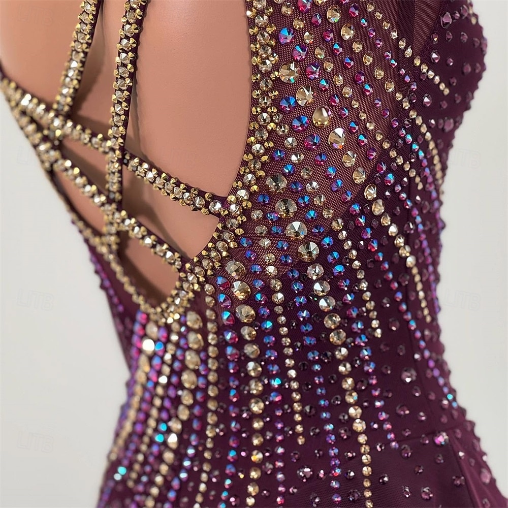 Kunstschaatsjurk Dames Voor meisjes Schaatsen Jurken Bordeaux Lapwerk Open achterkant Netstof Spandex Hoge Elasticiteit Opleiding Wedstrijd Kunstschaatskleding Klassiek Kristal / Bergkristal Lange 2026 - $298.59 –P13