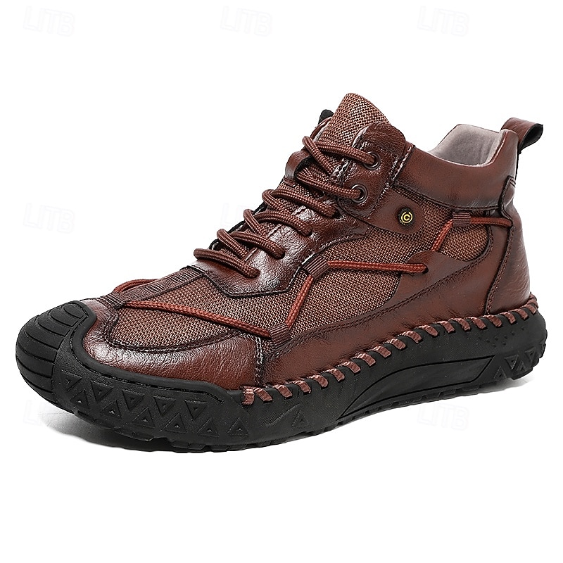 Braune High-Top-Freizeitsneaker aus Leder für Herren mit Ziernähten und strapazierfähiger Gummisohle – modische Komfortschuhe für Outdoor und Stadt 2025 - $54.99 –P3