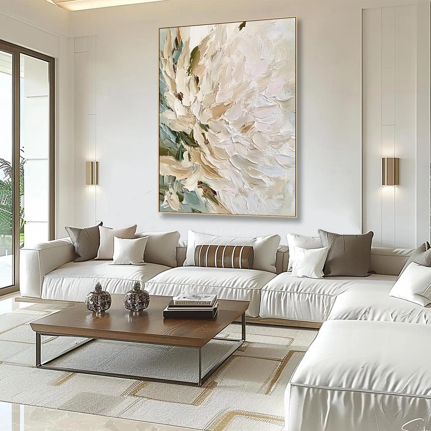 florales abstraktes Ölgemälde auf Leinwand beige weiß strukturierte Wandkunst minimalistisch weiche Palette Messer Wandkunst große moderne neutrale Wohndeko 2025 - $38.99 –P3
