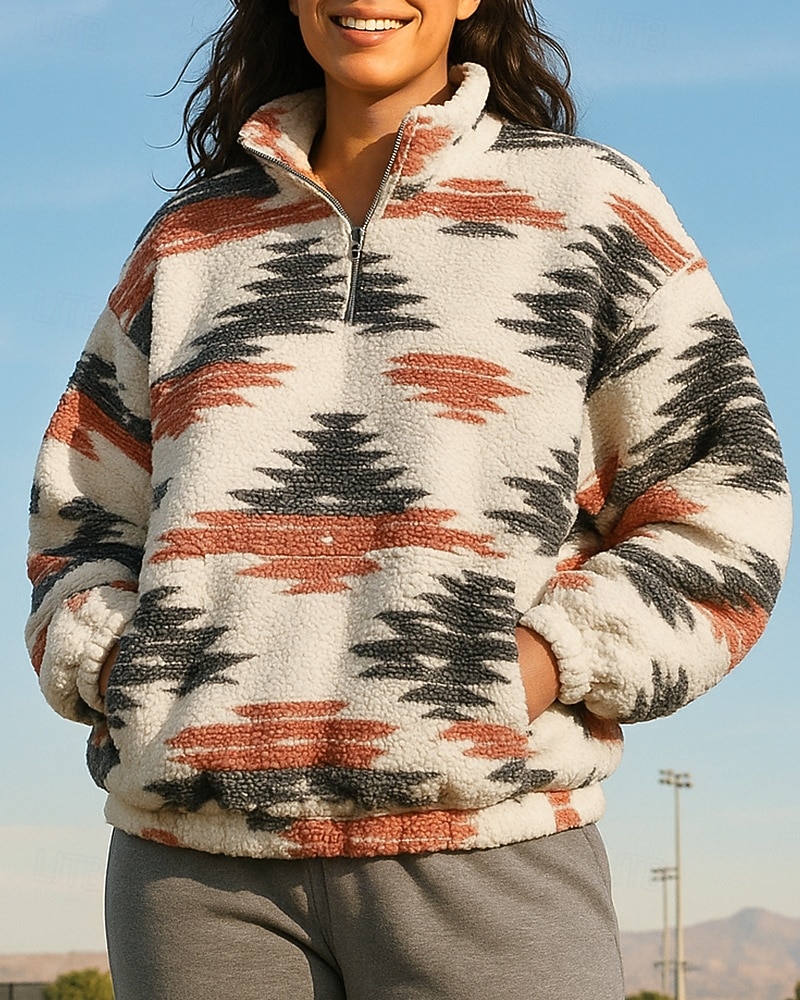 Damen Fleece-Sweatshirt Lässige Oberteile Boho Viertelreißverschluss Langarm Oberteil Athleisure Herbst Patchwork Mode Warm Outdoor Reise Sportbekleidung Sportkleidung Gelb Rot 2025 - $30.99 –P3