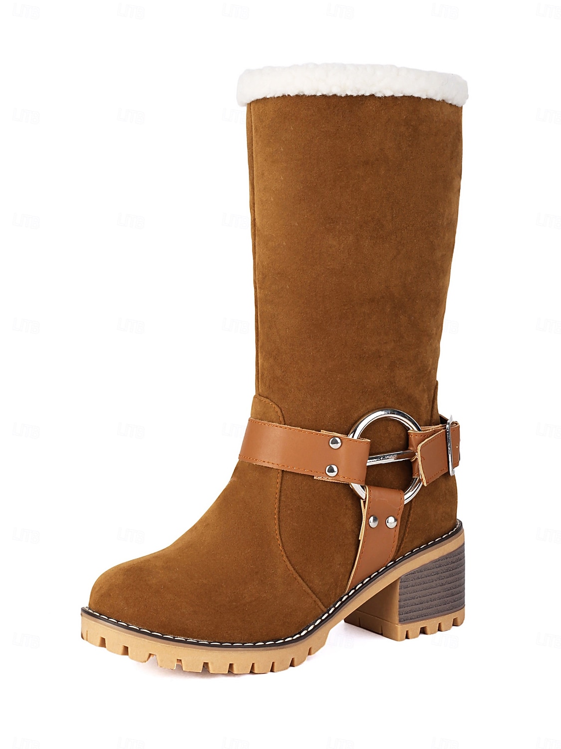 Botas femininas de camurça sintética com punho e fivela de pele de carneiro – botas casuais de inverno com salto grosso para atividades ao ar livre, viagens e looks aconchegantes de 2025 por $59.99 –P1