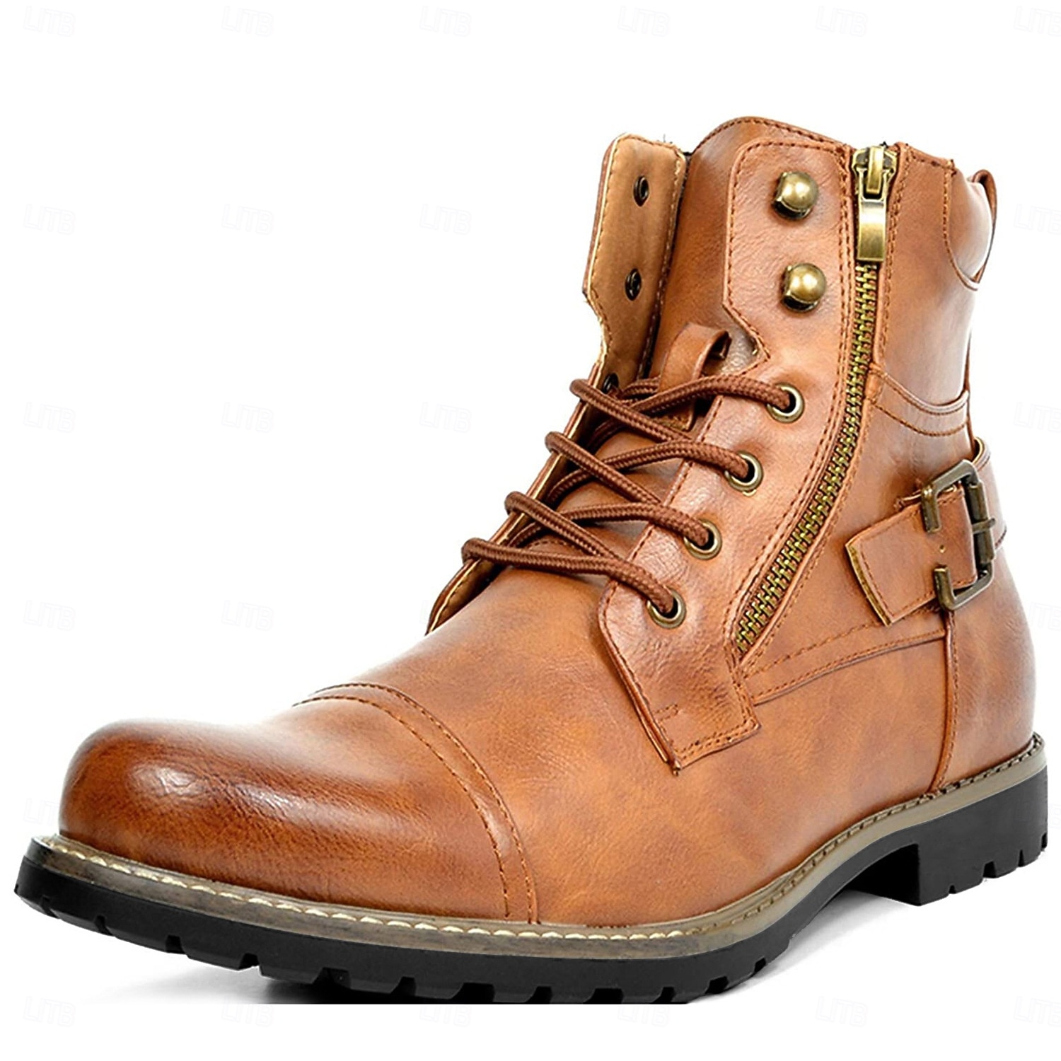 botas de combate masculinas com zíper lateral e fivela - botas de cano curto com cadarço de moda casual para roupas urbanas e do dia a dia de 2025 por $59.99 –P16