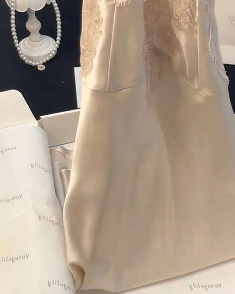 Damskie Piżama Koszula nocna Moda Codzienny Miękkie Czyste kolory Satynowa jedwabna piżama Koronka Niejednolita całość Dom Urlop Łóżko Bez rękawów Paski Beżowy Lato 2026 - $28.99 –P5