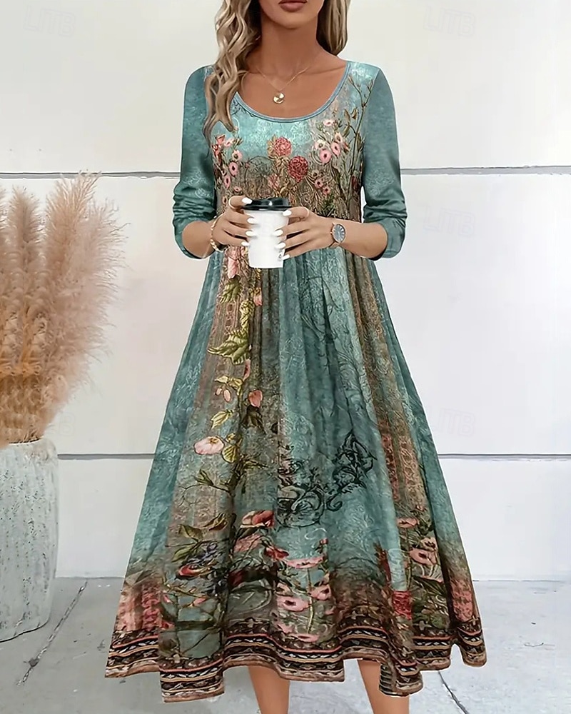 Pentru femei Rochii Midi Rochie casual Rochie imprimata Epocă Modern Zilnic Dată Sfârșit de săptămână Fit regulat Floare Manșon Lung Stil Nautic Albastru piscină Trifoi Albastru Deschis Primăvar 2025 - $24.99 –P2
