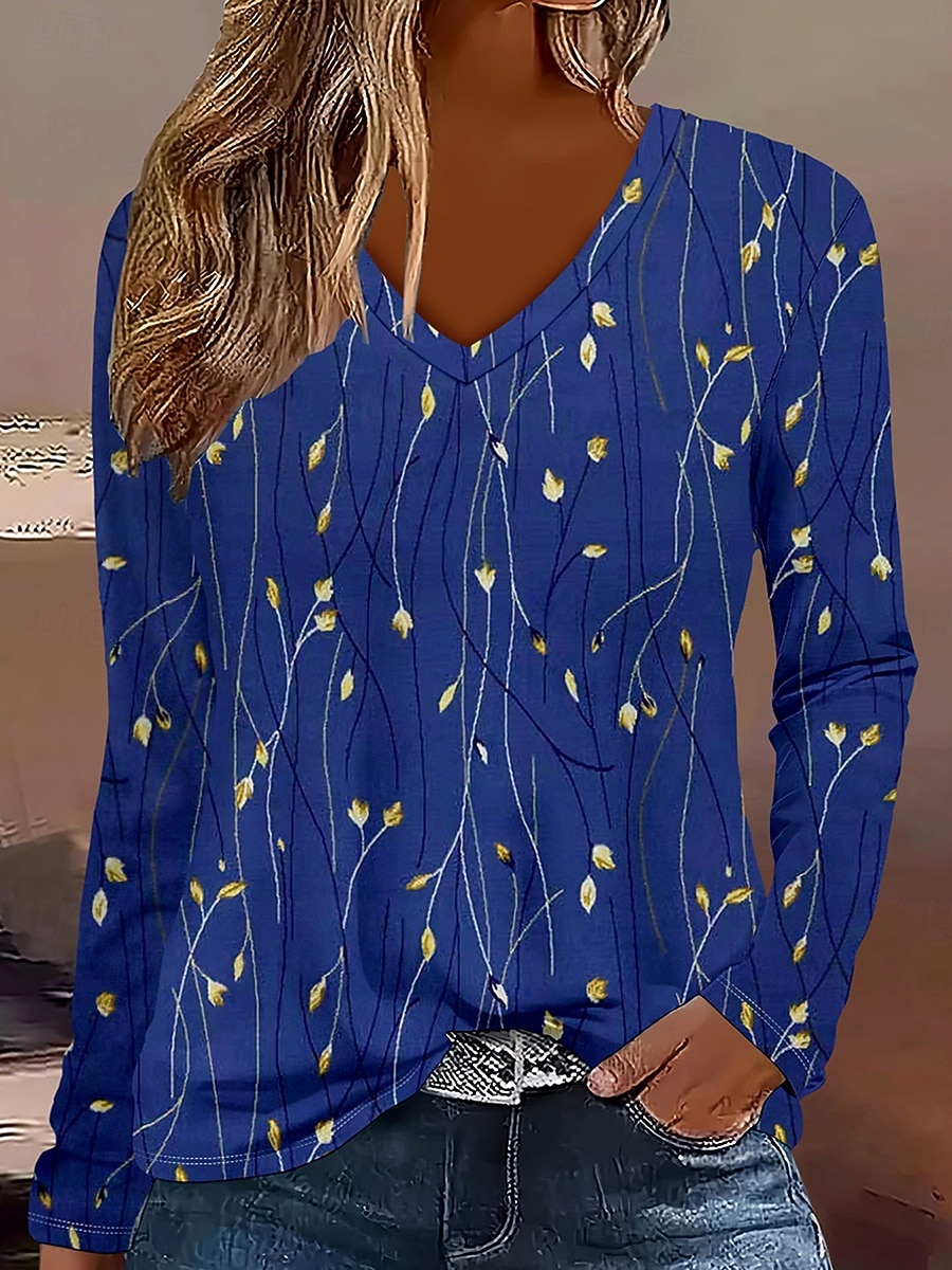 Femmes T-shirt Fleuri Graphique Plantes ancien Élégant Classique manche longue Col en V Hauts Réguliers Quotidien Imprimé bleu marine Printemps Automne Hiver de 2025 ? $22.99 –P3