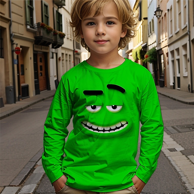 Pojkar tecknat roligt leende ansikte t-shirt långärmad 3D-tryck höst vintermode grundläggande barn 4-12 år rund hals utomhus casual daglig normal passform 2025 - $13.99 –P2