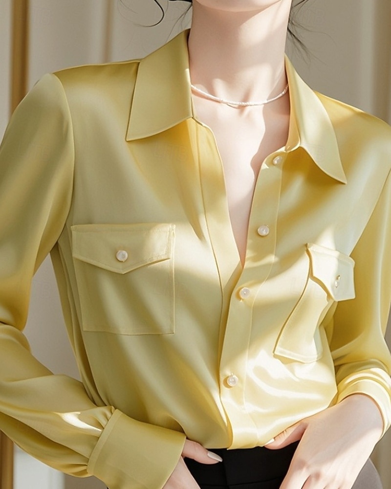 Femmes Chemise Chemisier Uni Actif Élégant manche longue Col de chemise Hauts Réguliers Travail Tenue formelle Avec Poches Boutons Jaune Automne de 2025 ? $31.99 –P1