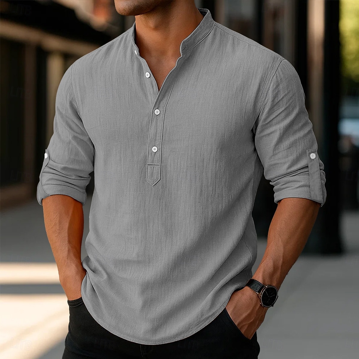 Per uomo Camicia di lino Camicia con colletto alla coreana Camicia popover Camicia casual Camicia da Spiaggia Semplice Vacanza Camicia hawaiana Nero Bianco Rosa Arancione Manica Lunga Henley del 2025 a $23.99 –P11