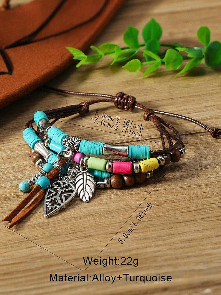 Женский богемный комплект браслетов из бирюзовых бусин – регулируемые многослойные браслеты с подвесками для лета, праздников и повседневной носки 2026 - $9.99 –P10