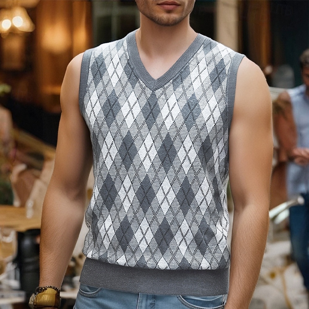 Муж. Свитер жилет Платье-свитер Пуловер Свитер Жилет Вязаный свитер Рельефный узор Вязать Обычные топы Трикотаж Вязка с узором "ромбиками" V-образный вырез Мода На каждый день Отпуск На каждый день 2026 - $42.99 –P2