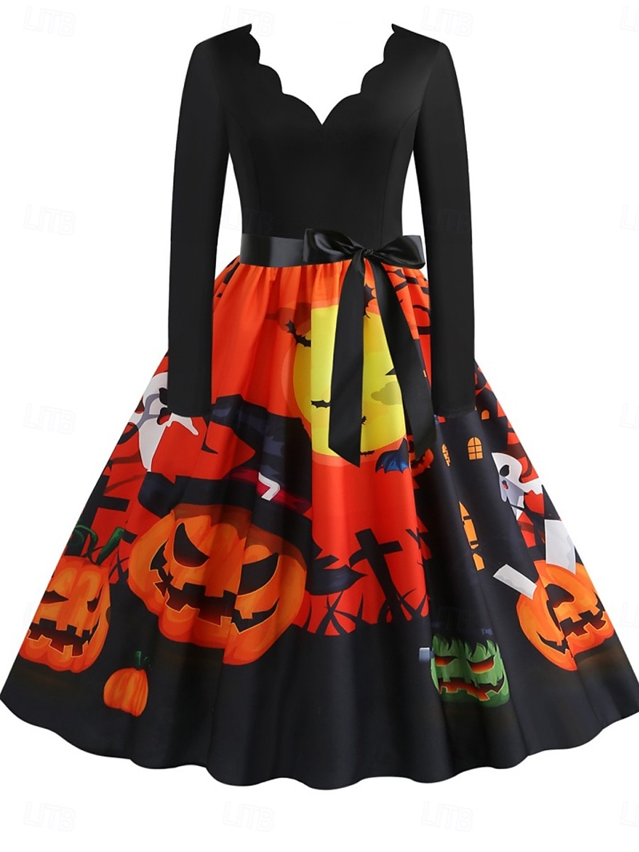 Rochie midi de Halloween pentru femei cu imprimeu de dovleac rochie în formă de A casual zi de zi vacanță croială regulată dovleac mânecă lungă guler în V galben albastru mov portocaliu vară 2025 - $28.99 –P9