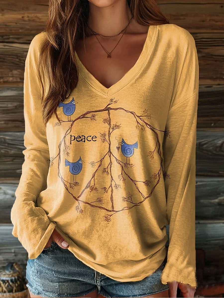 Dame T-skjorte Langermet Grafisk Bokstav Vintage Stilig Klassisk Langermet V-hals Vanlige Topper Daglig Helg Trykk Gul Rosa Brunt Grønn Vår Høst Forhøst 2026 - $24.99 –P1