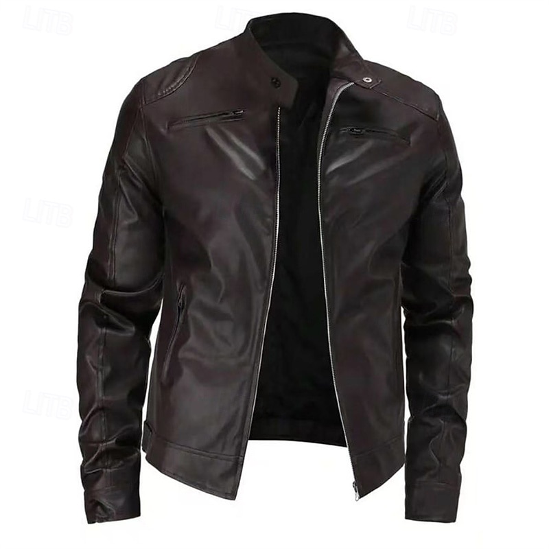 Herr Imitationsläderjacka Bikerjacka Motorcykeljacka Semester Dagligen Vindtät Håller värmen Ficka Höst Vinter Slät Mode Klassisk Hög krage Normal Svart Brun Jacka 2025 - $39.99 –P6