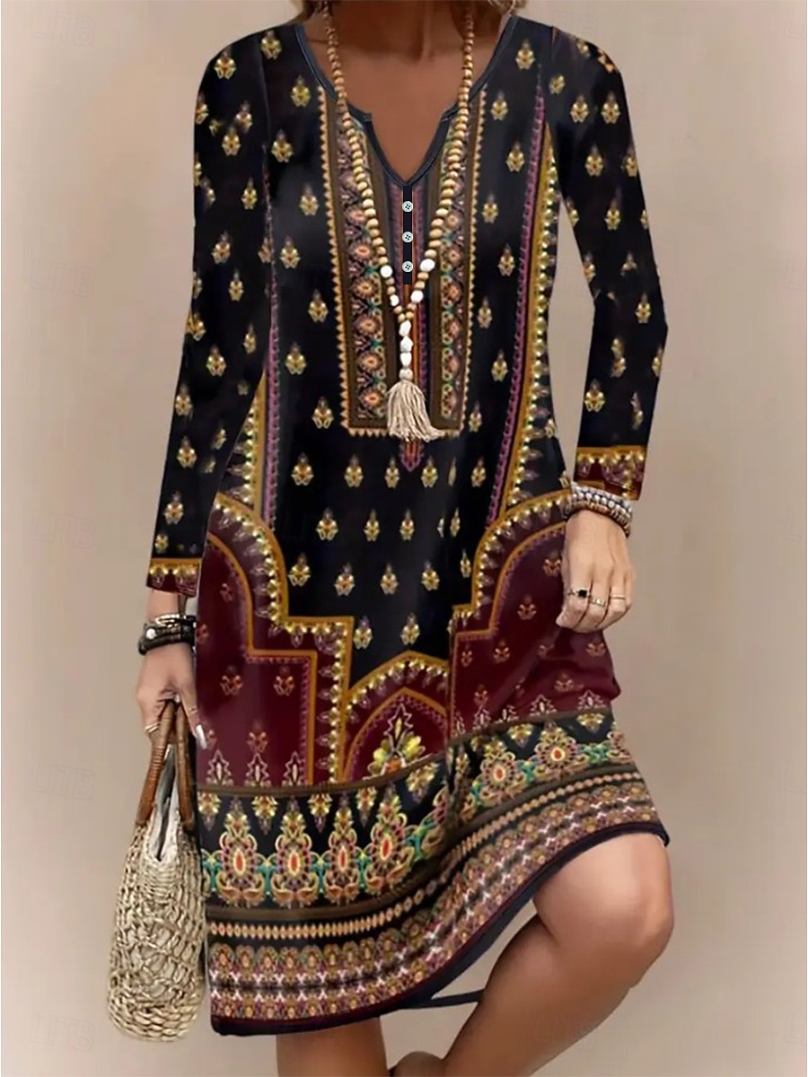 Pentru femei Rochii Midi Rochie din Tricot Rochie casual Rochie A line Rochie de vară Boemia Epocă Fit regulat Floral Grafic Manșon Lung În V Negru Primăvară Toamnă Iarnă 2025 - $24.99 –P1