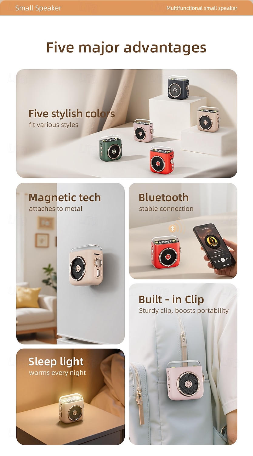 Магнитная мини-колонка Bluetooth P6, небольшая портативная беспроводная Bluetooth-колонка с громким звуком, часами, ночником и поддержкой TF-карт для домашнего офиса, путешествий на природе, кемпинга, 2025 - $24.99 –P2