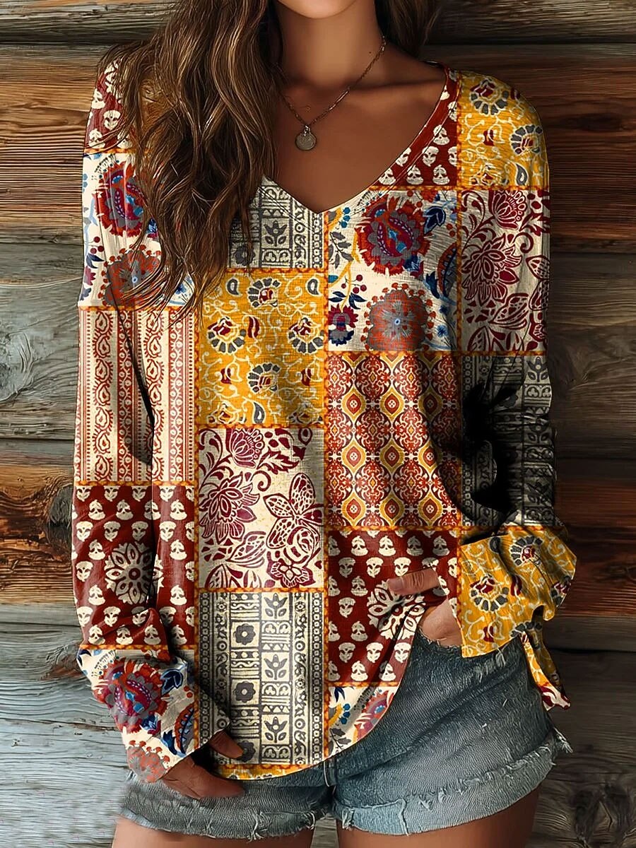 Dame T-skjorte Langermet Grafisk Bokstav Vintage Stilig Klassisk Langermet V-hals Vanlige Topper Daglig Helg Trykk Gul Rosa Brunt Grønn Vår Høst Forhøst 2026 - $24.99 –P4