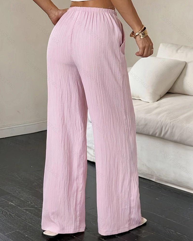 Dam Brett skaft Byxor Palazzo byxor Mode Streetwear Fullängd Hög midja Slät Elastisk midja Mateial som andas Bekväm Gata Dagliga kläder Utekväll Svart Vit Rodnande Rosa Kaki Sommar Vår Normal 2025 - $20.99 –P10