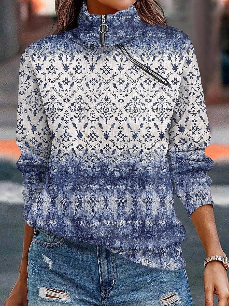 Dam Zip Up sweatshirts Grafisk Geometrisk Ledigt Långärmad Hög hals Vanliga toppar Rubinrött Blå Grön Beige Höst Vinter 2025 - $38.99 –P6