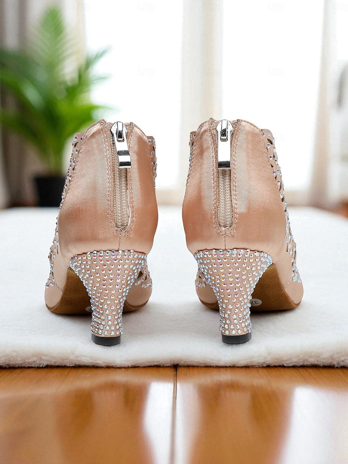 scarpe da ballo da donna con punta aperta, strass e tacco basso color carne - calzature professionali per feste da ballo Gatsby del 2026 a $69.99 –P6