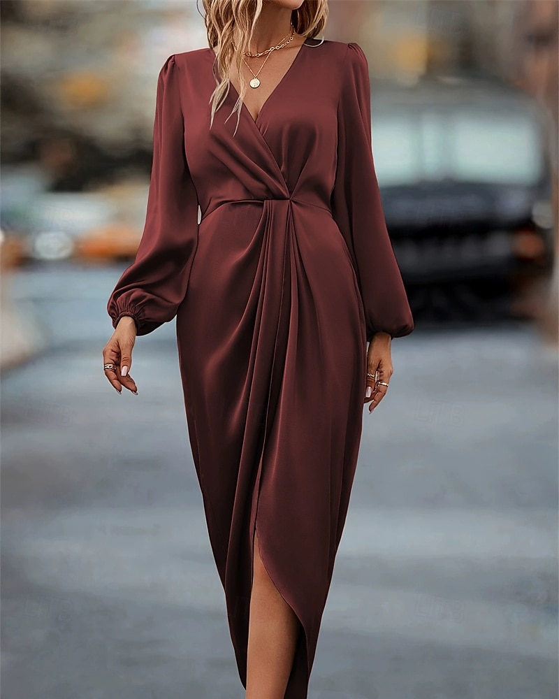 Per donna Abito Midi Abito Selkie Moda Classico Moderno All'aperto Vacanza Ferie Vestibilità regolare Semplice Manica Lunga Scollo a V Champagne Vino Verde militare Blu Estate del 2025 a $24.99 –P2