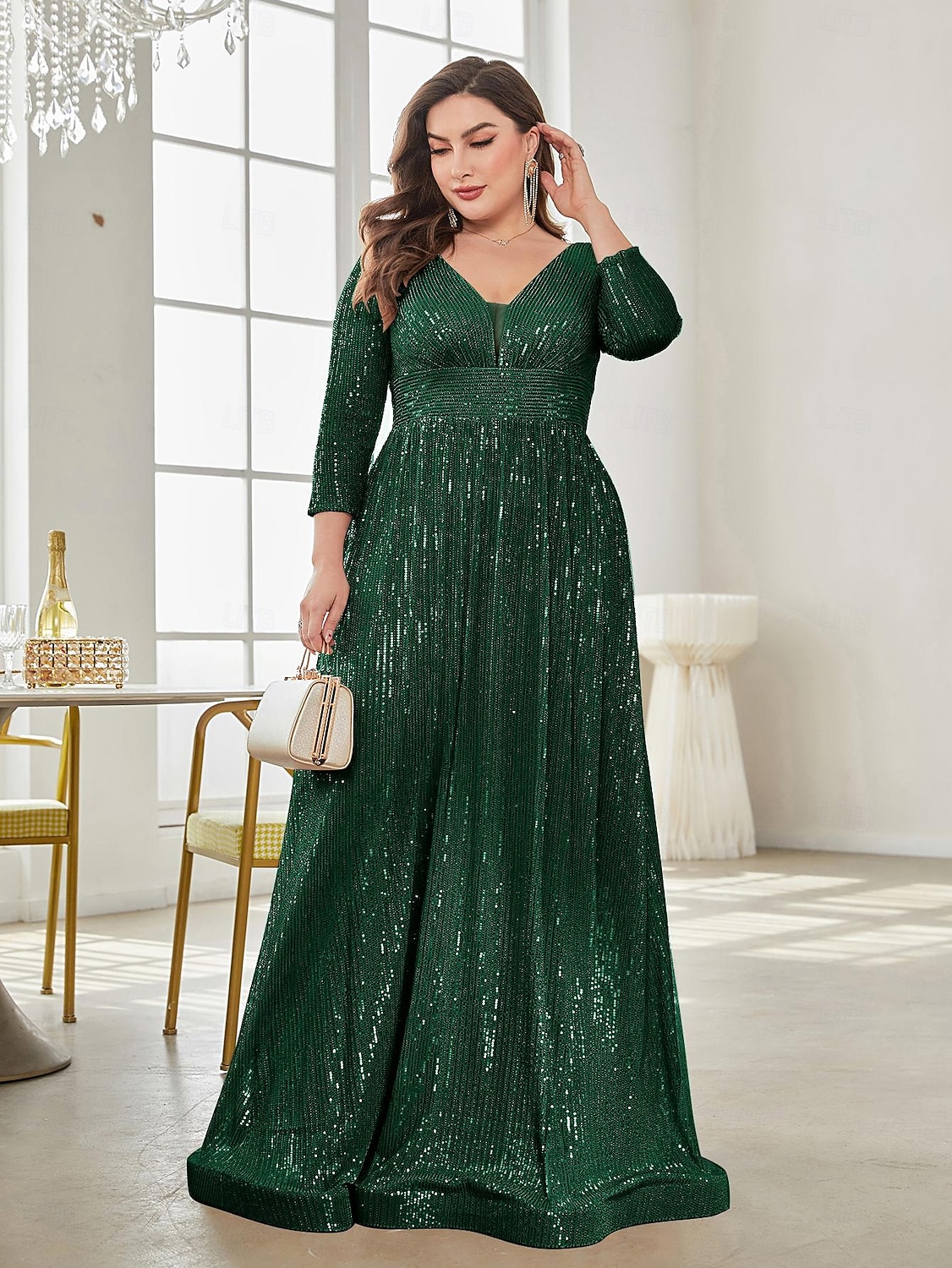Linea ad A Lunghezza al pavimento Abiti da festa Elegante Manica Lunga Scollo a V Formale Invitato a matrimonio autunnale Con Paillettes con Glitter Paillettes del 2026 a $103.99 –P7