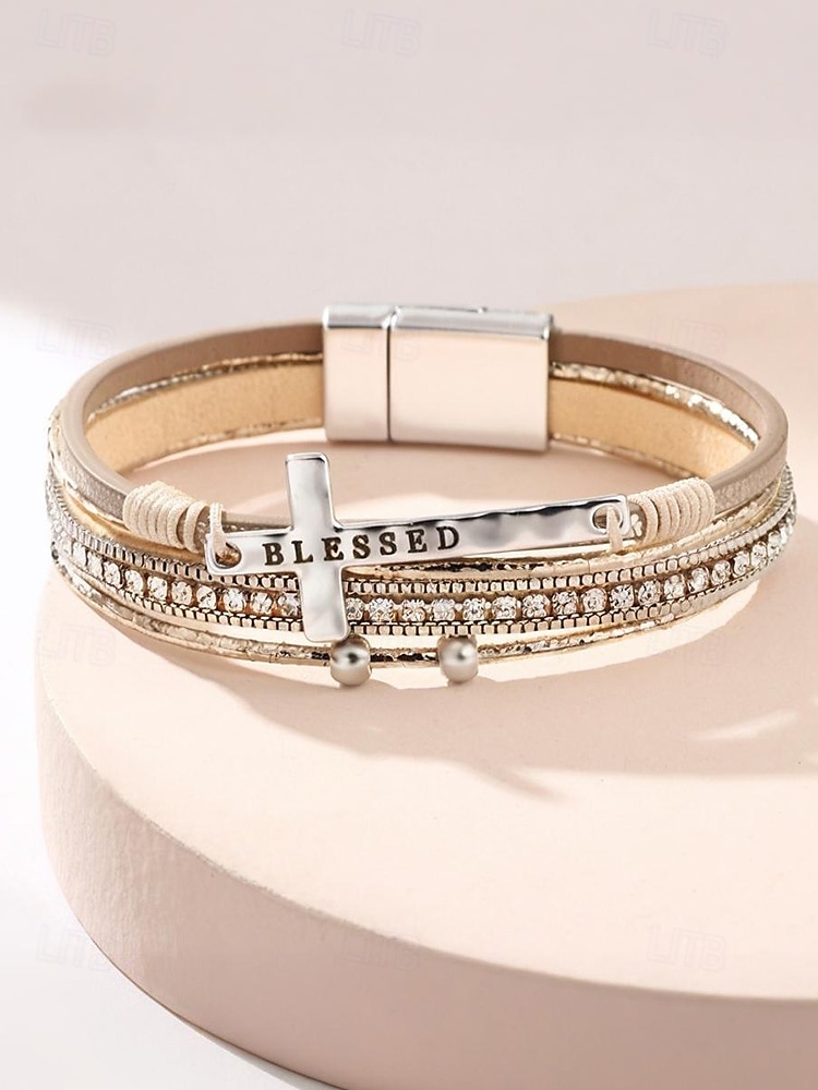 Dámský vícevrstvý náramek s křížkem a kamínky – inspirativní „požehnaný“ náramek z umělé kůže pro běžné nošení, do kostela i na zvláštní příležitosti 2026 - $9.99 –P6