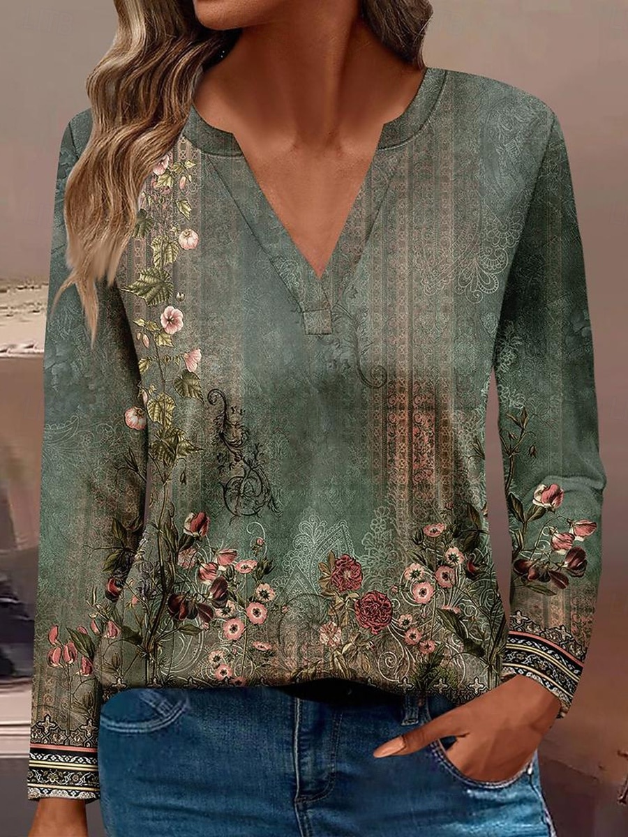 Femmes T-shirt Fleuri Occasionnel manche longue Encolure en V Hauts Réguliers Quotidien Boutons Imprimé Rouge Bleu Violet Vert Printemps Automne de 2025 ? $27.99 –P1