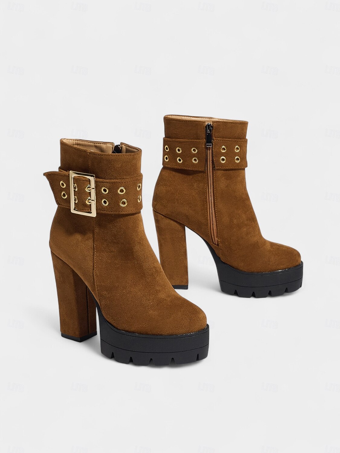 bota feminina plataforma de camurça preta com salto grosso e fivela dourada &fecho de zíper - festa ousada &calçados de concerto para looks de outono e inverno de 2025 por $59.99 –P2