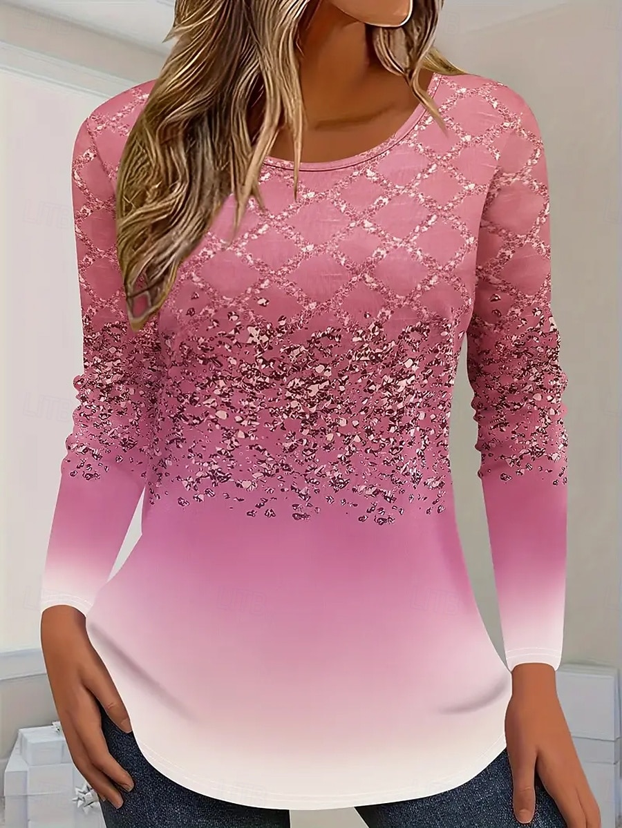 Жен. Футболка С принтом Омбре Графика Геометрический принт Винтаж Мода Стиль Длинный рукав Вырез под горло Круглый вырез Обычные топы Повседневные выходные Синий Розовый Зеленый Лето Весна Осень 2026 - $24.99 –P3