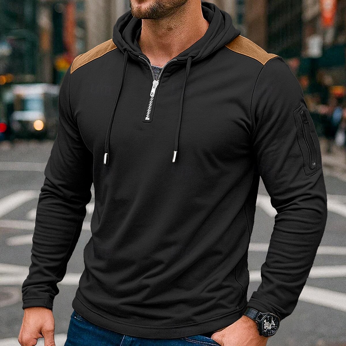Men's Quarter Zip Tee Tee Top Long Sleeve Shirt Long Sleeve Hooded Summer Fall Patchwork Daily Casual Street Style Zipper Outdoor Street Causal Black Navy Blue khaki Top Tee for Men 2026 - $24.99 –P4