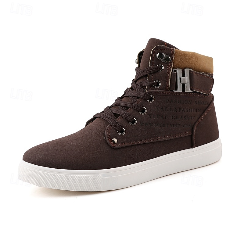 Men's Tan Faux Leather High-Top Sneakers with Lace-Up Design, Stylish Casual Shoes for Walking, Work and Weekend Outfits 2025 - $34.99 –P1