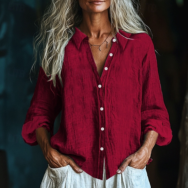 Per donna Camicia Blusa con texture Camicie ispirate al lino Blusa Semplice Moderno Casual Manica Lunga Colletto a Camicia Top Regolari Quotidiano Ferie Uscire Bottoni Nero Bianco Giallo Rosa Vino del 2025 a $21.99 –P6