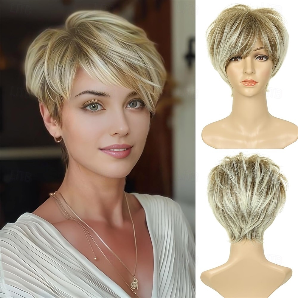 Perruques blondes courtes pour femmes blanches, perruques coupe lutin pour femmes noires, perruques courtes dégradées pour femmes plus âgées, synthétiques de 2025 ? $23.99 –P1