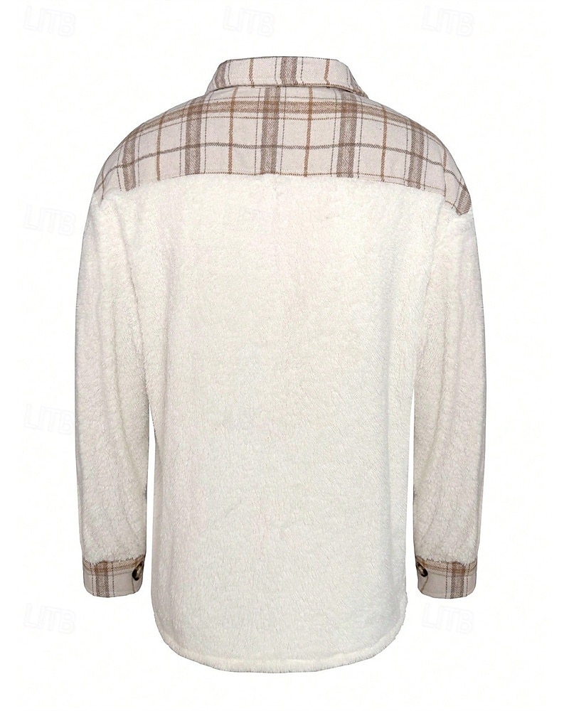 Voor heren Fleeceshirt shacket Overhemdjasje Winterjack Ruitjes Vakantie Alledaagse kleding Beige Lange mouw Revers Herfst Winter Kleding Zak 2026 - $36.99 –P5