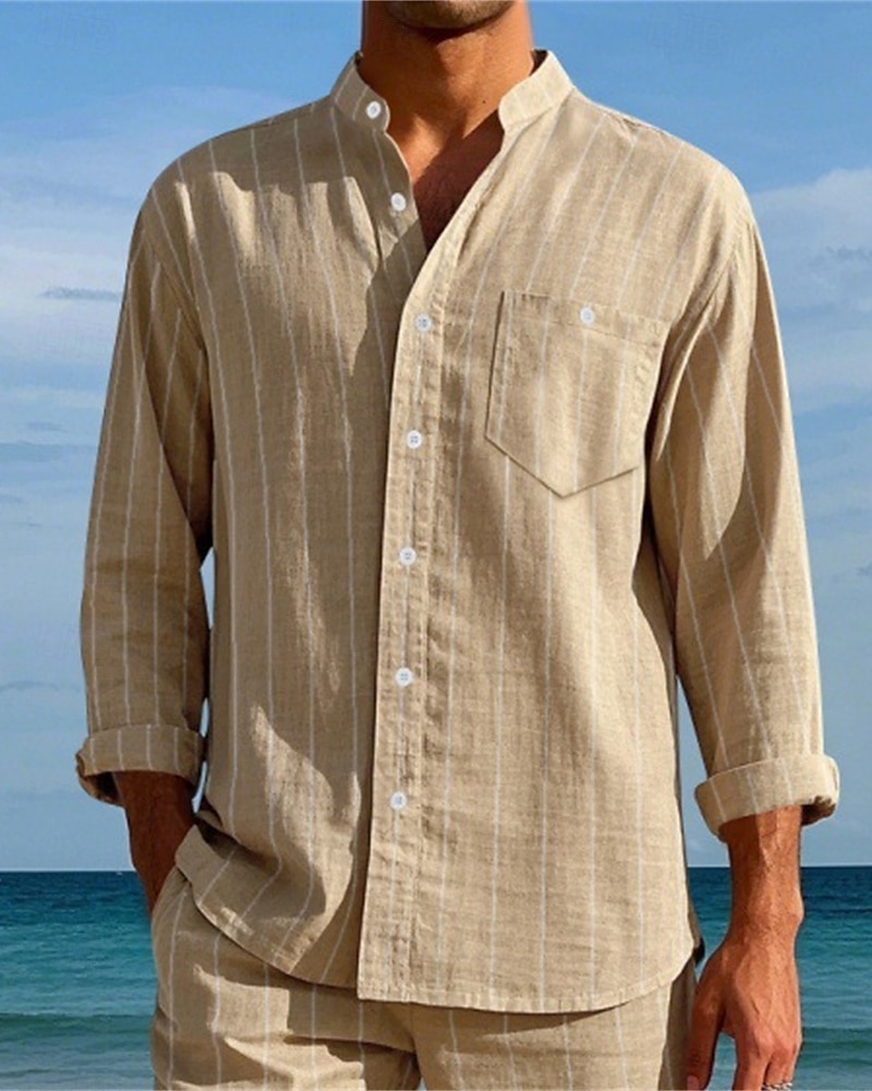 Per uomo Camicia Camicia di lino Camicia casual Camicia con Bottoni Camicia di cotone A righe Vacanza Camicia hawaiana Nero Bianco Blu reale Cachi Manica Lunga Colletto alla coreana Primavera Autunno del 2025 a $26.99 –P4