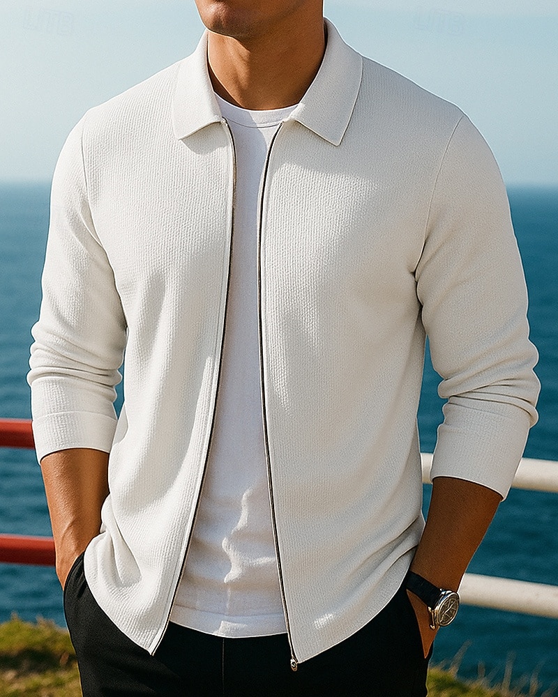 Men's Solid Colored Casual Coats Lounge Jacket Full Zip Jacket Fall / Winter Waffle Long Sleeve Athleisure Outdoor Travel Sports Blue Black White Sportswear Activewear 2026 - $24.99 –P1