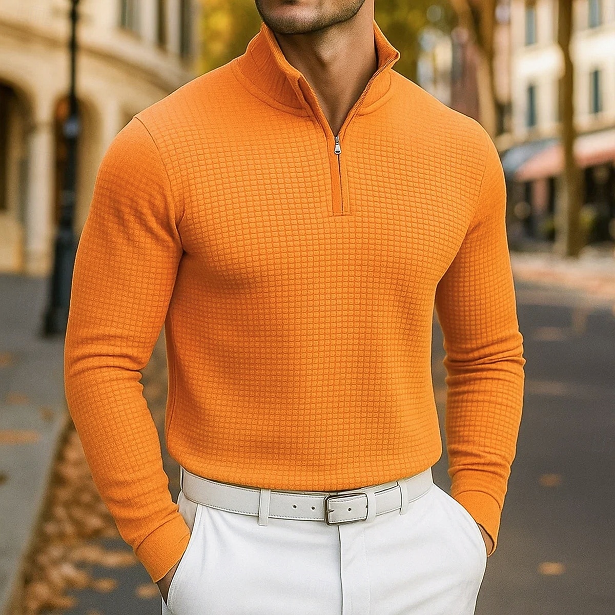 Herr Våffelpikétröjor Quarter Zip Polo Utomhus Casual Fjärdedels blixtlås Långärmad Mode Modern Ensfärgat Stickat Vår Höst Vår & Höst Vit Blå Orange Våffelpikétröjor 2025 - $27.99 –P5