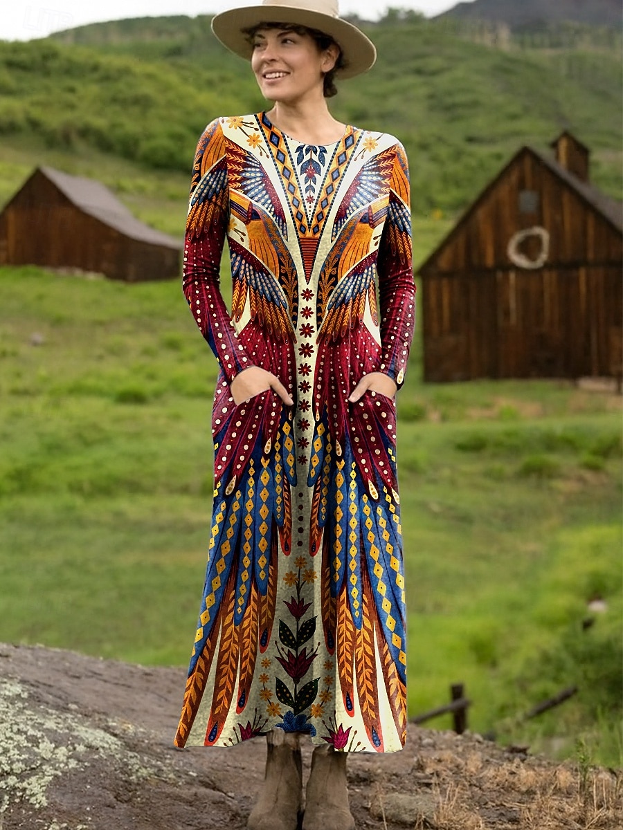 Damen Maxikleid Etui-Kleid T-Shirt-Kleid Urlaub Lässig Boho Ferien Date Normale Passform Grafik Geometrisch Stammes Langarm Rundhalsausschnitt Schwarz Gelb Rote Leicht Braun Frühling Herbst 2025 - $31.99 –P1