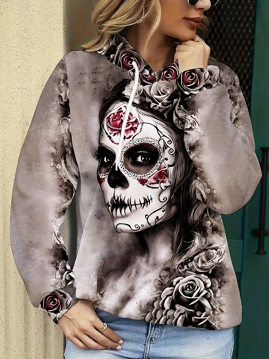 Damen Kapuzenpullover Grafik Schädel Mode Lässig Druck Langarm Mit Kapuze Normale Oberteile Straße Alltagskleidung Kordelzug Druck Grau Herbst Winter 2025 - $24.99 –P2