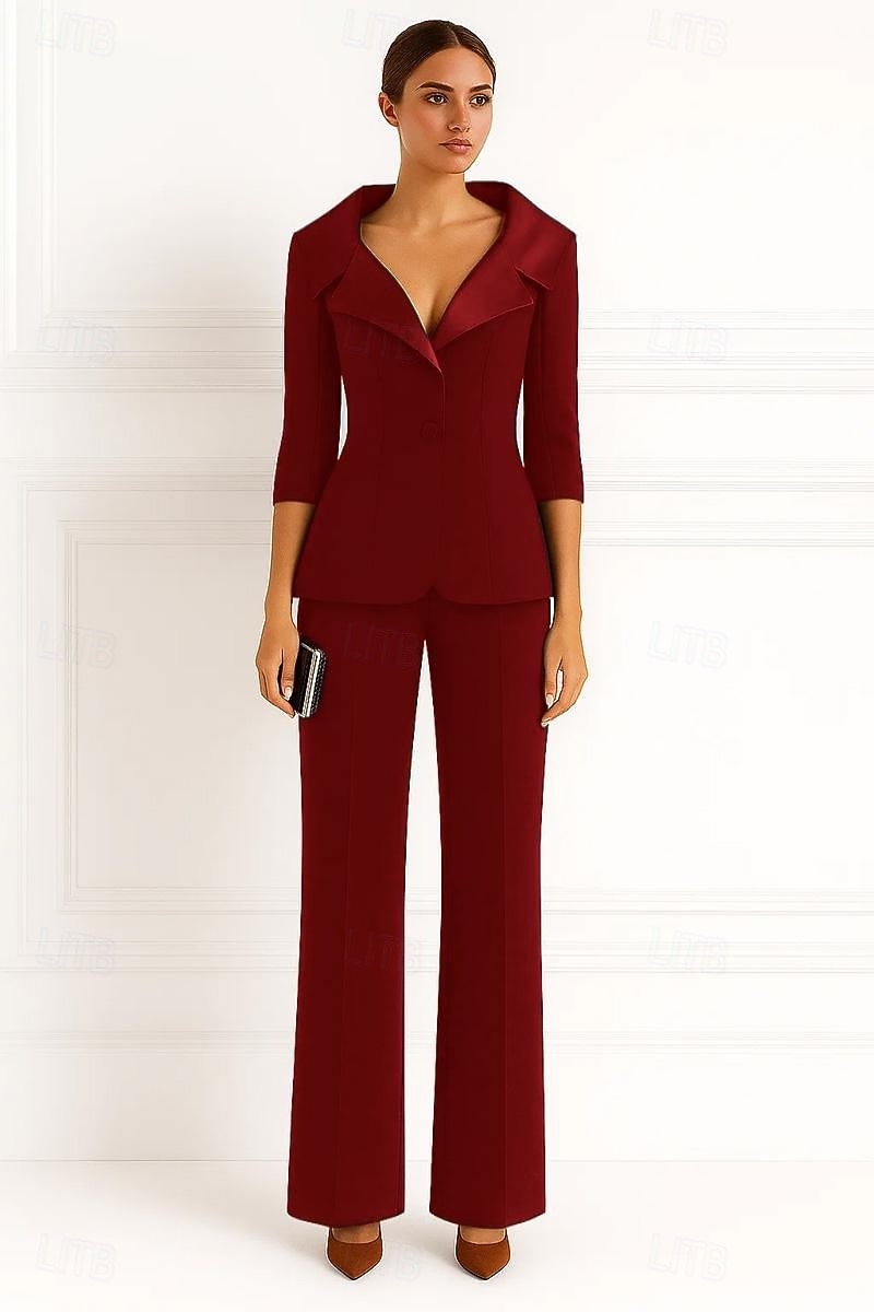 tuta due pezzi / tailleur pantalone tailleur pantalone abito da madre della sposa in crepe elasticizzato per invitata al matrimonio elegante semplice revers in raso lunghezza pavimento manica lunga del 2025 a $159.99 –P5