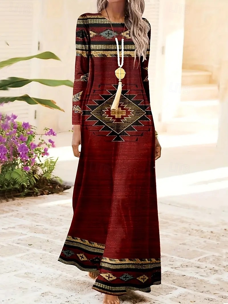 Damen Maxikleid Shiftkleid A Linie Kleid Party Lässig Boho Täglich Date Ausgehen Normale Passform Batik Stammes Langarm Rundhalsausschnitt Rote Blau Purpur Grün Frühling Herbst Winter 2025 - $36.99 –P1