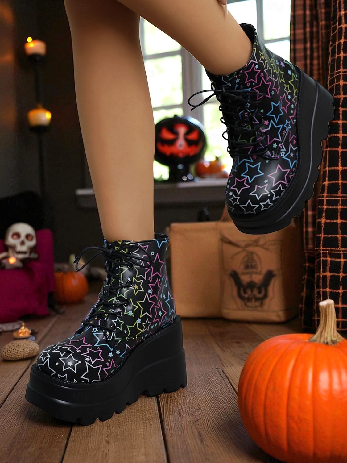 Botas femininas pretas plataforma com cadarço e caveira - botas góticas de cano curto com sola grossa para festas de outono, cosplay e dia dos mortos de 2025 por $34.99 –P2