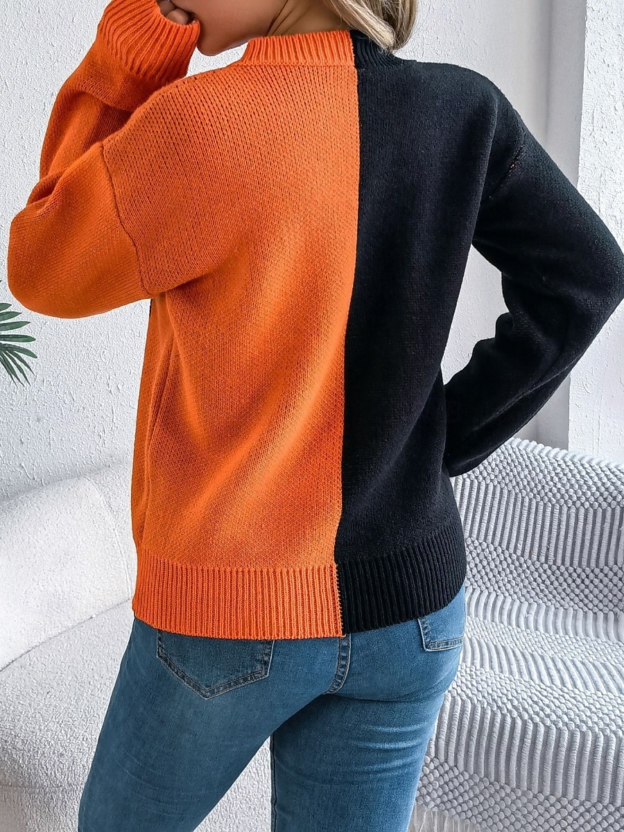Maglione da donna Halloween con zucca casual morbido grafica colletto a coste maniche lunghe top regolari lavorato a maglia arancione khaki autunno inverno pre-autunno del 2025 a $31.99 –P2