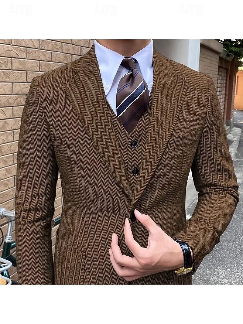 Uomo Casuale Completi in Tweed Bavero classico Caffè Tinta unita Vestibilità su misura 3 pezzi del 2025 a $130.99 –P4