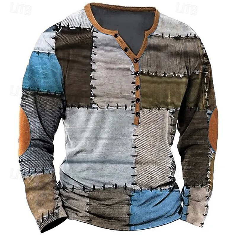 Homme Patchwork T-shirt Chemise Henley manche longue ancien Designer Élégant Extérieur Occasionnel Quotidien Printemps & Été Toutes saisons Violet Vert Kaki Café Gris Henley T-shirt Henley de 2025 ? $10.49 –P7