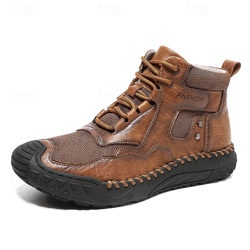 Botas casuais masculinas de couro sintético marrom de cano alto com sola de borracha antiderrapante - calçados duráveis para caminhadas ao ar livre, viagens e uso diário de 2025 por $46.99 –P1