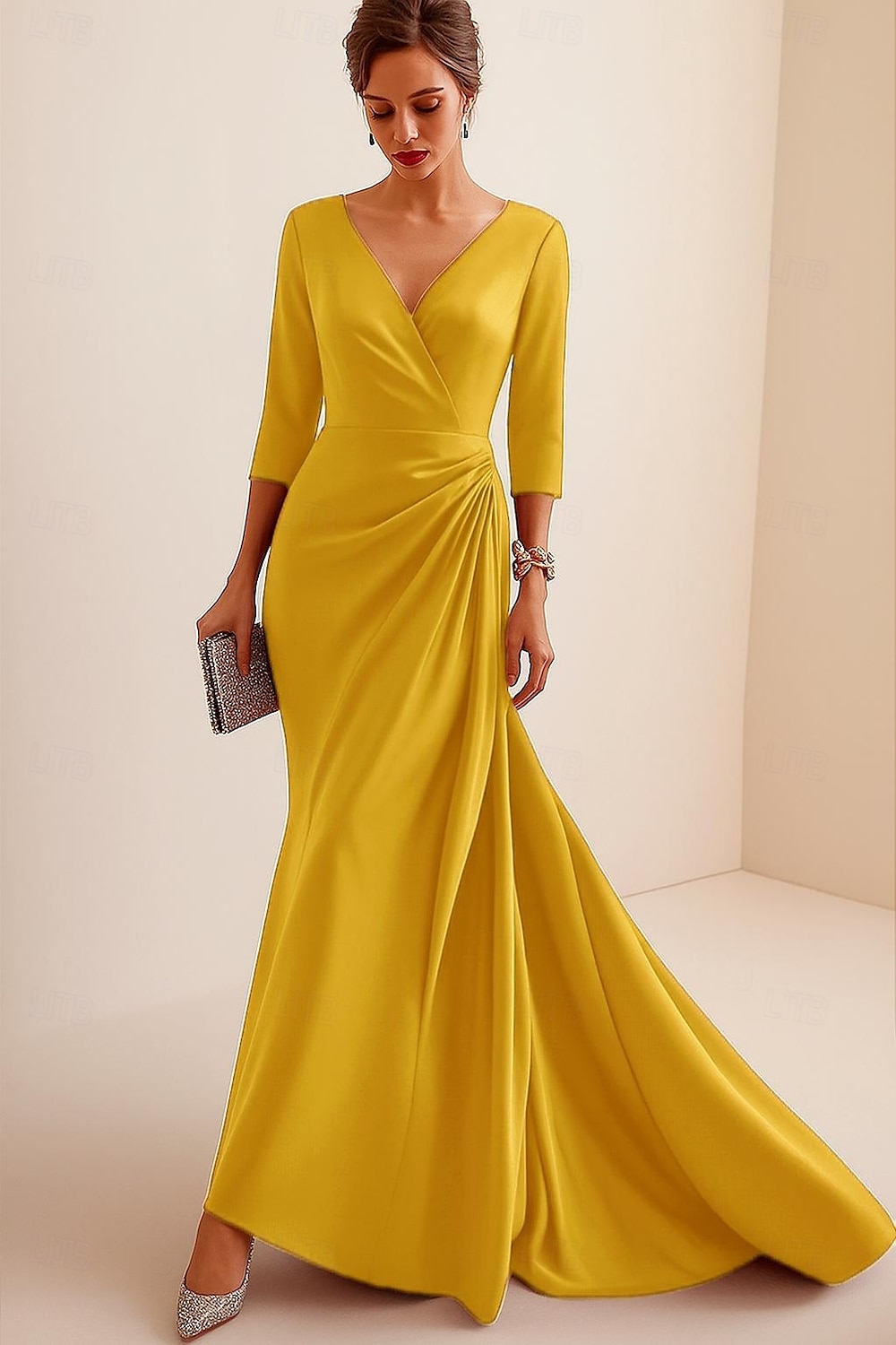 Sirena / Tromba Tubino / Colonna Abito da Sera Elegante Vestito Formale Matrimonio Lunghezza al pavimento Manica 3/4 Scollo a V Raso Schiena a V con Volant 2025 del 2025 a $139.99 –P5